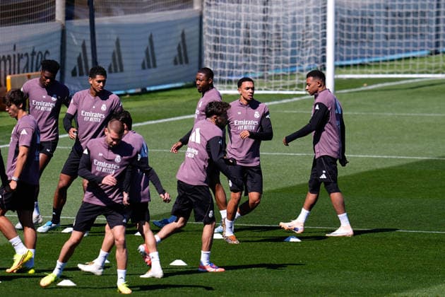May 16, 2026, Valdebebas, Madrid, Spain: Kylian Mbappe, Trent Alexander-Arnold, David Alaba, Jude Bellingham and Aurelien Tchouameni during the training day of Real Madrid ahead the Spanish League, LaLiga EA Sports, football match against Sevilla FC at Ciudad Deportiva Real Madrid on May 16, 2026, in Valdebebas, Madrid, Spain. Valdebebas Spain - ZUMAa181 20260516_zaa_a181_042 Copyright: xDennisxAgyemanx