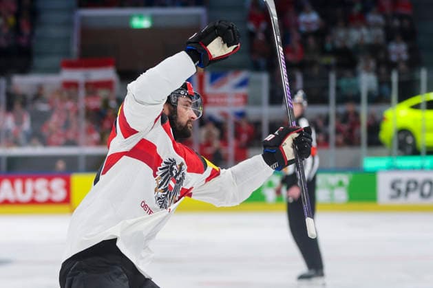 Ice hockey, Eishockey - IIHF WC 2026 ZURICH,SWITZERLAND,16.MAY.26 - ICE HOCKEY - IIHF Ice Hockey World Championship, WM, Weltmeisterschaft 2026, group stage, Austria vs Great Britain. Image shows the rejoicing of Benjamin Nissner (AUT).  GEPAxpictures xMaticxKlansek