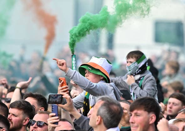 Celtic fans at Celtic Park Celtic v Heart of Midlothian, William Hill Scottish Premiership, Football, Celtic Park, Glasgow, Scotland, UK - 16 May 2026Glasgow Celtic Park United Kingdom EDITORIAL USE ONLY No use with unauthorised audio, video, data, fixture lists, club league logos or live services. Online in-match use limited to 120 images, no video emulation. No use in betting, games or single club league player publications. Copyright: xMarkxRunnacles Shutterstockx 16876830ae