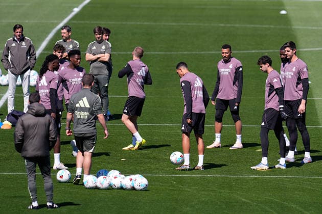 May 16, 2026, Valdebebas, Madrid, Spain: Kylian Mbappe, Thibaut Courtois and Aurelien Tchouameni during the training day of Real Madrid ahead the Spanish League, LaLiga EA Sports, football match against Sevilla FC at Ciudad Deportiva Real Madrid on May 16, 2026, in Valdebebas, Madrid, Spain. Valdebebas Spain - ZUMAa181 20260516_zaa_a181_078 Copyright: xDennisxAgyemanx