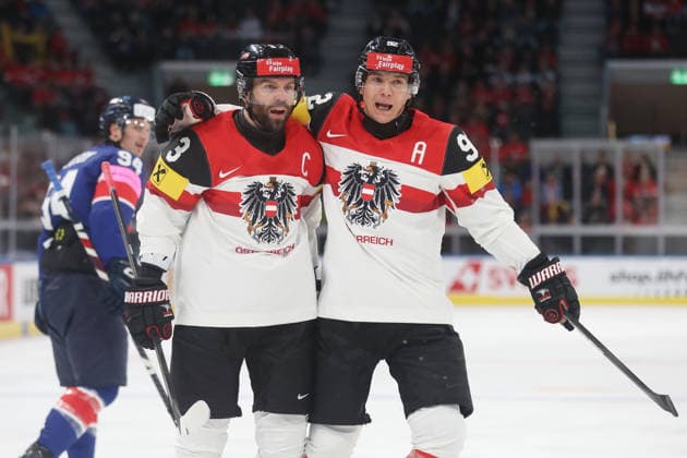 Ice Hockey World Championship 2026 AUT GBR Goal celebration Peter Schneider Clemens Unterweger AUT 16 05 2026 Swiss Life Arena Zuerich , SWITZERLAND, Men IIHF Ice Hockey World Championship Zurich 2026 Group Austria Great Britain Goal celebration Peter Schneider Clemens Unterweger Austria