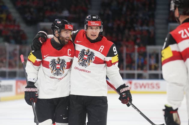 Ice Hockey World Championship 2026 AUT GBR Goal celebration Peter Schneider Clemens Unterweger AUT 16 05 2026 Swiss Life Arena Zuerich , SWITZERLAND, Men IIHF Ice Hockey World Championship Zurich 2026 Group Austria Great Britain Goal celebration Peter Schneider Clemens Unterweger Austria