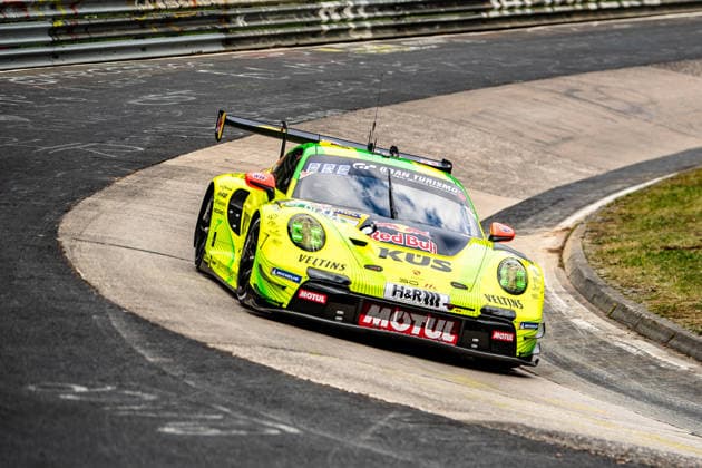 Manthey 911 SP 9 The car drives on the race track at the ADAC RAVENOL 24h Nürburgring GE Warm up Rhineland-Palatinate Germany