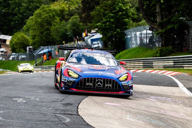 Mercedes AMG Team Verstappen Racing 3 SP 9 A Mercedes AMG GT3 with eye-catching Red Bull livery races on the Nürburgring racetrack in Rhineland-Palatinate Germany