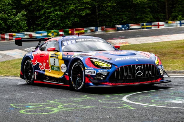 Mercedes AMG Team Verstappen Racing 3 SP 9 The Mercedes AMG GT3 3 of the Verstappen Racing team with eye-catching Red Bull livery races on the Nordschleife of the Nürburgring Rhineland-Palatinate Germany