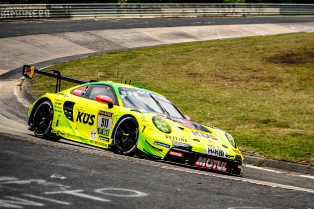 Manthey 911 SP 9 The Porsche 911 GT3 R 911 of the KÜS team at the warm-up on the Nürburgring racetrack in Rhineland-Palatinate Germany