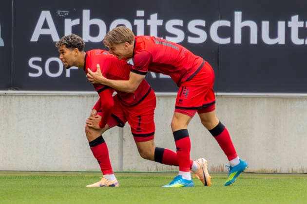 Ingolstadt, Germany 16 May 2026 3 Liga 2025 2026 Sp 38 FC Ingolstadt 04 vs SV Waldhof Mannheim In the picture from left goal scorer Yann Sturm FCI cheers after his goal to 1 0 with Max Plath FCI DFB regulations prohibit any use of photographs as image sequences and or quasi video Audi Sportpark Bayern Copyright: xFotostandx xSchäferx