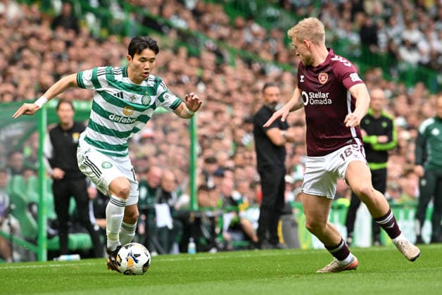 Hyunjan Yang of Celtic and Harry Milne of Hearts Celtic v Heart of Midlothian, William Hill Scottish Premiership, Football, Celtic Park, Glasgow, Scotland, UK - 16 May 2026Glasgow Celtic Park United Kingdom EDITORIAL USE ONLY No use with unauthorised audio, video, data, fixture lists, club league logos or live services. Online in-match use limited to 120 images, no video emulation. No use in betting, games or single club league player publications. Copyright: xMarkxRunnacles Shutterstockx 16876830bo