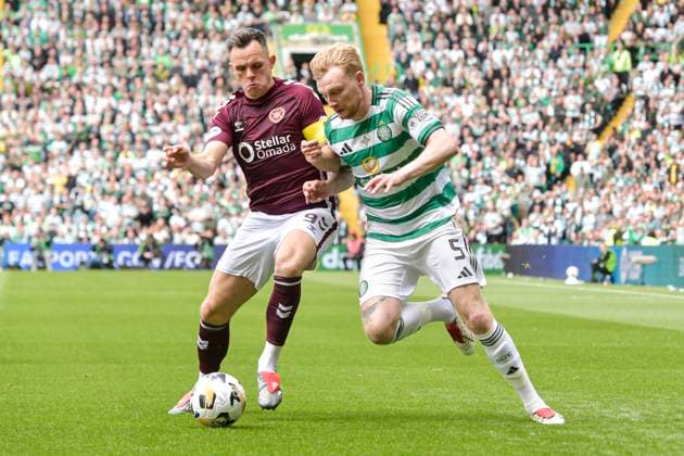 Celtic v Heart of Midlothian William Hill Premiership Liam Scales of Celtic and Lawrence Shankland of Heart of Midlothian during the William Hill Premiership match at Celtic Park, Glasgow 16 05 2026 UK Newspapers OUT Copyright: xJamiexJohnstonx FIL-23440-0056