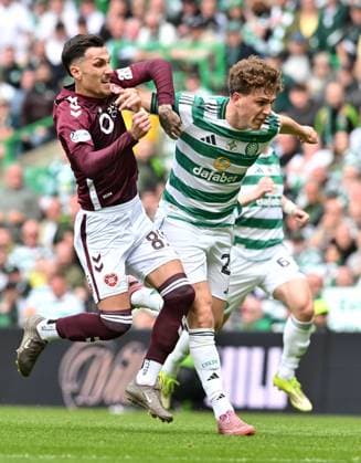 Alexandros Kyziridis of Hearts and Arna Engels of Celtic Celtic v Heart of Midlothian, William Hill Scottish Premiership, Football, Celtic Park, Glasgow, Scotland, UK - 16 May 2026Glasgow Celtic Park United Kingdom EDITORIAL USE ONLY No use with unauthorised audio, video, data, fixture lists, club league logos or live services. Online in-match use limited to 120 images, no video emulation. No use in betting, games or single club league player publications. Copyright: xMarkxRunnacles Shutterstockx 16876830bv