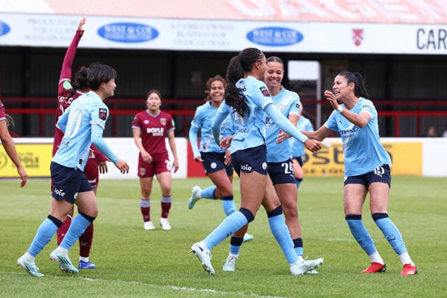 London, , 16th May 2026. Jade Rose of Manchester City Women celebrates after scoring to make it 1-0 during the West Ham United Women vs Manchester City Women Barclays Women s Super League match at Chigwell Construction Stadium, London. Picture credit should read: Paul Terry Sportimage EDITORIAL USE ONLY. No use with unauthorised audio, video, data, fixture lists, club league logos or live services. Online in-match use limited to 120 images, no video emulation. No use in betting, games or single club league player publications. SPI_010_PT_West_Ham_W_Man_City_W SPI-4804-0010
