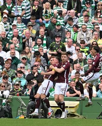 Lawrence Shankland of Hearts scores the opening goal Celtic v Heart of Midlothian, William Hill Scottish Premiership, Football, Celtic Park, Glasgow, Scotland, UK - 16 May 2026Glasgow Celtic Park United Kingdom EDITORIAL USE ONLY No use with unauthorised audio, video, data, fixture lists, club league logos or live services. Online in-match use limited to 120 images, no video emulation. No use in betting, games or single club league player publications. Copyright: xMarkxRunnacles Shutterstockx 16876830ch