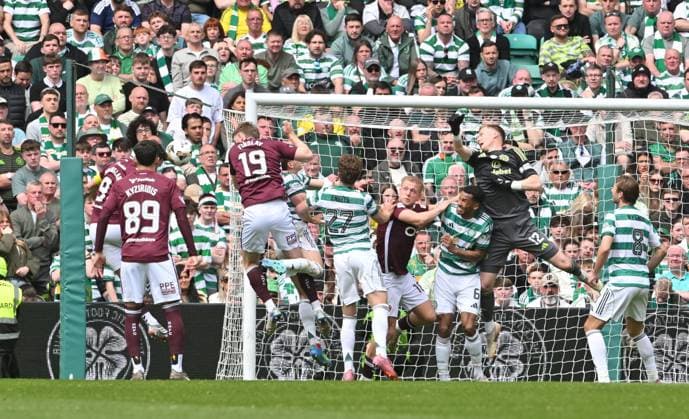Lawrence Shankland of Hearts scores the opening goal Celtic v Heart of Midlothian, William Hill Scottish Premiership, Football, Celtic Park, Glasgow, Scotland, UK - 16 May 2026Glasgow Celtic Park United Kingdom EDITORIAL USE ONLY No use with unauthorised audio, video, data, fixture lists, club league logos or live services. Online in-match use limited to 120 images, no video emulation. No use in betting, games or single club league player publications. Copyright: xMarkxRunnacles Shutterstockx 16876830bz