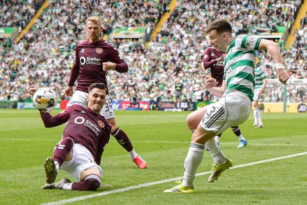 Celtic v Heart of Midlothian William Hill Premiership Alexandros Kyziridis of Heart of Midlothian handles the ball in the box and gives away a penalty kick to Celtic during the William Hill Premiership match at Celtic Park, Glasgow 16 05 2026 UK Newspapers OUT Copyright: xJamiexJohnstonx FIL-23440-0066