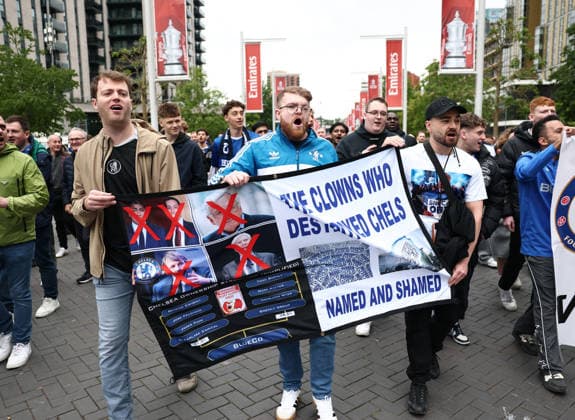 London, England, 16th May 2026. Chelsea fans protest against BlueCo the Chelsea owners before the Chelsea vs Manchester City FA Cup final match at Wembley Stadium, London. Picture credit should read: David Klein Sportimage EDITORIAL USE ONLY. No use with unauthorised audio, video, data, fixture lists, club league logos or live services. Online in-match use limited to 120 images, no video emulation. No use in betting, games or single club league player publications. SPI_011_DK_Chelsea_Manchester_City SPI-4803-0001
