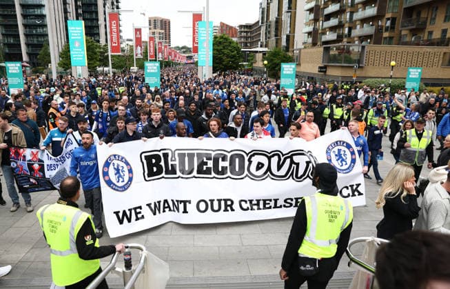 London, England, 16th May 2026. Chelsea fans protest against BlueCo the Chelsea owners before the Chelsea vs Manchester City FA Cup final match at Wembley Stadium, London. Picture credit should read: David Klein Sportimage EDITORIAL USE ONLY. No use with unauthorised audio, video, data, fixture lists, club league logos or live services. Online in-match use limited to 120 images, no video emulation. No use in betting, games or single club league player publications. SPI_012_DK_Chelsea_Manchester_City SPI-4803-0002