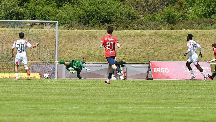 Soccer Regionalliga Nordost, Season 2025 2026, Matchday 34, FC Eilenburg vs Hallescher FC 16 05 2026 Goal for HFC in the match Eilenburg vs Halle 16 05 2026 Goal scorer Bocar Baro Attack Storm Hallescher FC, number 26 re scores against Niclas Ben Edelmann Goalkeeper Eilenburg, number 1 to 0 1 Eilenburg Saxony Germany Ilburg Stadium