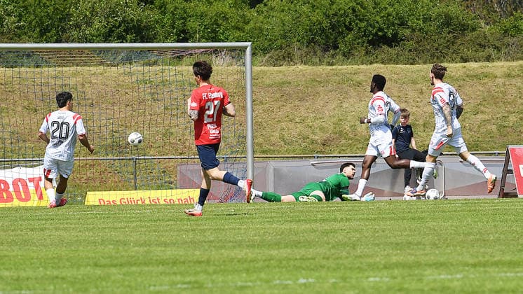 Soccer Regionalliga Nordost, Season 2025 2026, Matchday 34, FC Eilenburg vs Hallescher FC 16 05 2026 Goal for HFC in the match Eilenburg vs Halle 16 05 2026 Goal scorer Bocar Baro Attack Storm Hallescher FC, number 26 re scores against Niclas Ben Edelmann Goalkeeper Eilenburg, number 1 to 0 1 Eilenburg Saxony Germany Ilburg Stadium