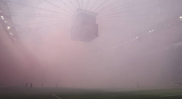 Frankfurt , Bundesliga soccer Eintracht Frankfurt vs VfB Stuttgart , Smoke and fog in Frankfurt