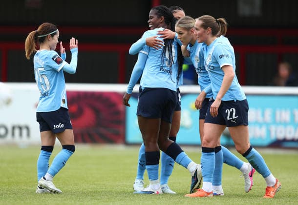 London, , 16th May 2026. Khadija Shaw of Manchester City Women celebrates after scoring to make it 3-1 during the West Ham United Women vs Manchester City Women Barclays Women s Super League match at Chigwell Construction Stadium, London. Picture credit should read: Paul Terry Sportimage EDITORIAL USE ONLY. No use with unauthorised audio, video, data, fixture lists, club league logos or live services. Online in-match use limited to 120 images, no video emulation. No use in betting, games or single club league player publications. SPI_017_PT_West_Ham_W_Man_City_W SPI-4804-0017
