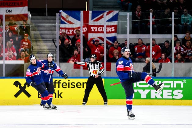 Ice hockey, Eishockey - IIHF WC 2026 ZURICH,SWITZERLAND,16.MAY.26 - ICE HOCKEY - IIHF Ice Hockey World Championship, WM, Weltmeisterschaft 2026, group stage, Austria vs Great Britain. Image shows the rejoicing of David Clements (GBR).  GEPAxpictures xMaticxKlansek