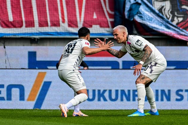 GER, 1 FBL, 1 FC Heidenheim vs 1 FSV Mainz 05 16 05 2026, Voith Arena, Heidenheim, GER, 1 FBL, 1 FC Heidenheim vs 1 FSV Mainz 05, in the picture Nadiem Amiri Mainz, 10 , Phillip Tietz Mainz, 20 , Goal celebration after scoring 1 0 nordphotoxGmbHx xHafner nph00200