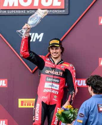 World Superbike Championship - WorldSBK Czech Round 2026, the first superbike race, at Autodrom Most, in Most, Czech Republic, on May 16, 2026. Winner Nicolo Bulega from Italy of the Aruba.It Racing - Ducati team on the podium. (CTKxPhoto OndrejxHajek) CTKPhotoP2026051603743  CTKPhotoP2026051603743
