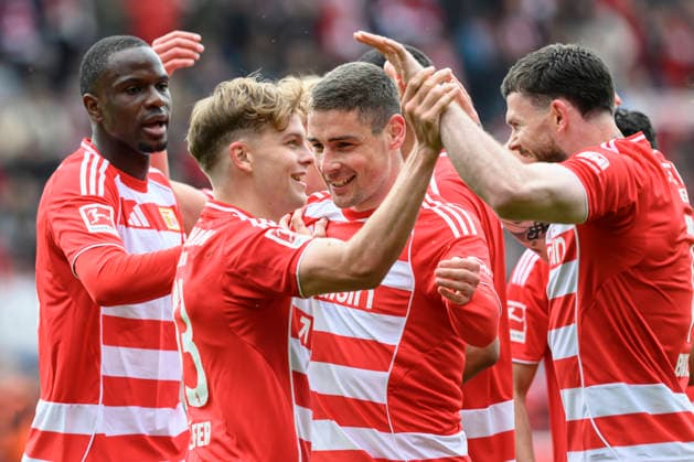 v l Andrej Ilic 1 FC Union Berlin, 23 , after 1 0, celebrates his goal, goal, goal, cheering, goal celebration, joy, enthusiasm, celebrates,celebreting the goal, joy, jubilation, cheering, GER, Berlin, 1 FC Union Berlin vs FC Augsburg, 1 Bundesliga, Football, DFB, last matchday, Season 2025 2026, Alte Försterei, May 16, 2026, DFB DFL REGULATES PROHIBIT ANY USE OF PHOTOGRAPHS AS IMAGE SEQUENCES AND OR QUASI VIDEO, Copyright: HMBxMedia UwexKoch