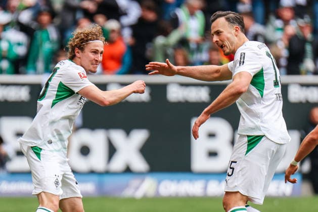 MOENCHENGLADBACH, GERMANY- MAY 16:Hugo Bolin (Borussia Moenchengladbach, 38) and Haris Tabakovic (Borussia Moenchengladbach, 15) celebrate after Hugo Bolin (Borussia Moenchengladbach, 38) scores the 1:0 during the Bundesliga match between Borussia Moenchengladbach vs. TSG 1899 Hoffenheim at Borussia-Park on matchday 34 of the 1. Bundesliga on May 16, 2026 in Moenchengladbach, Germany. DFL REGULATIONS PROHIBIT ANY USE OF PHOTOGRAPHS AS IMAGE SEQUENCES AND OR QUASI-VIDEO. Copyright: xNatachaxFreisenx