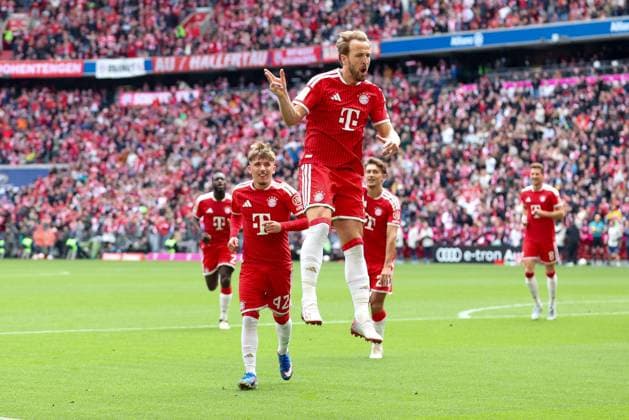 Goal celebration of Harry Kane 9 FC Bayern Muenchen to 2 0, FC Bayern Muenchen vs 1 FC Koeln, Football, 1 Bundesliga, 34 Matchday, 16 05 2026 DFL DFB regulations prohibit any use of photographs as image sequences and or quasi video Muenchen Bayern Germany Copyright: xkolbert-press ChristianxKolbertx