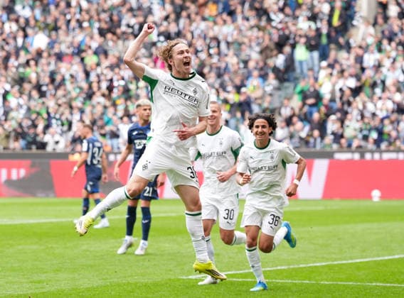 Hugo Bolin (Borussia Monchengladbach, 38) jubelt nach seinem Tor Borussia Moenchengladbach vs TSG 1899 Hoffenheim, 1. Bundesliga, 34. Spieltag, Saison 2025 2026, Borussia-Park, Moenchengladbach, GER, 16.05.2026 DFL REGULATIONS PROHIBIT ANY USE OF PHOTOGRAPHS AS IMAGE SEQUENCES AND OR QUASI-VIDEO Foto: HMB Media Scott W. Coleman Moenchengladbach Borussia-Park Nordrhein-Westfalen GER Copyright: xScottxW.xColemanx