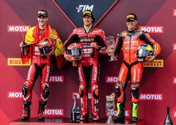 World Superbike Championship - WorldSBK Czech Round 2026, the first superbike race, at Autodrom Most, in Most, Czech Republic, on May 16, 2026. From left on the podium: Iker Lecuona from Spain of the Aruba.It Racing - Ducati team, who finished second, winner Nicolo Bulega from Italy of the Aruba.It Racing - Ducati team and Yari Montella from Italy of the Barni Spark Racing Team, who finished third. (CTKxPhoto OndrejxHajek) CTKPhotoP2026051603714  CTKPhotoP2026051603714