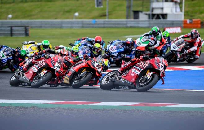 World Superbike Championship - WorldSBK Czech Round 2026, the first superbike race, at Autodrom Most, in Most, Czech Republic, on May 16, 2026. Front from right, Nicolo Bulega from Italy of the Aruba.It Racing - Ducati team, Yari Montella from Italy of the Barni Spark Racing Team and Iker Lecuona from Spain of the Aruba.It Racing - Ducati team. (CTKxPhoto OndrejxHajek) CTKPhotoP2026051603777  CTKPhotoP2026051603777