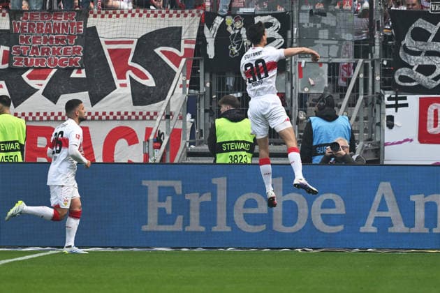 16 05 2026, xsltx, Fussball 1 Bundesliga, Eintracht Frankfurt VfB Stuttgart v l Torjubel nach dem Tor zum celebrating the goal celebrate 0 1 durch Jose Maria Andres Baixauli VfB Stuttgart Chema DFL DFB REGULATIONS PROHIBIT ANY USE OF PHOTOGRAPHS as IMAGE SEQUENCES and or QUASI VIDEO Frankfurt am Main