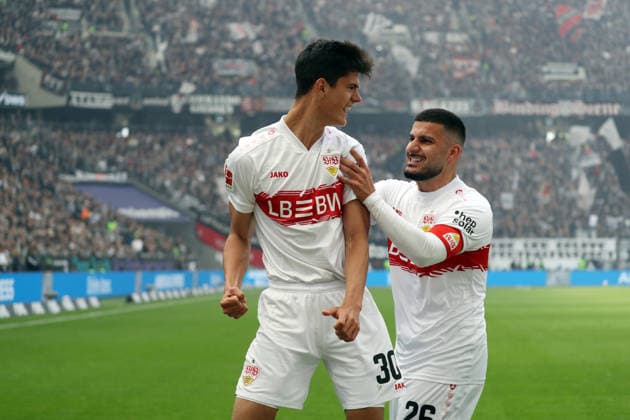16 05 26 Eintracht Frankfurt VfB Stuttgart Germany, Frankurt, 16 05 2026, Football, Bundesliga, Season 2025 2026, Eintracht Frankfurt VfB Stuttgart v l Chema Andres, Denz Undav both VfB Stuttgart Cheer Goal 1 0 Chema