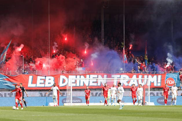 Fans of Team 1 FC Heidenheim at the match between 1 FC Heidenheim v 1 FSV Mainz 05, Soccer, Men, Bundesliga, 2025 2026, 34 Matchday on 16 05 2026 in Heidenheim, Voith Arena DFL and DFB regulations prohibit any use of photographs as image sequences and or quasi video Baden Württemberg Germany