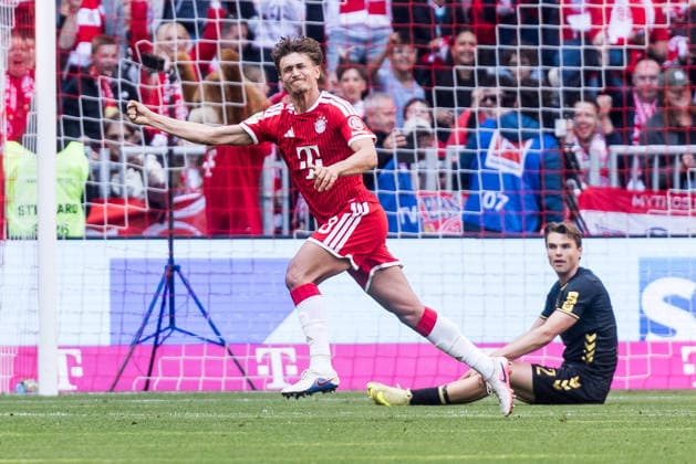 MUNICH, GERMANY - MAY 16: Tom Bischof (FC Bayern Muenchen, 20) celebrates scoring the 3:1 goal - 120th Bundesliga goal this season - during the Bundesliga match between FC Bayern Muenchen vs. 1. FC Koeln at Allianz Arena on matchday 34 of the 1. Bundesliga on May 16, 2026 in Munich, Germany. DFL REGULATIONS PROHIBIT ANY USE OF PHOTOGRAPHS AS IMAGE SEQUENCES AND OR QUASI-VIDEO. Bavaria Germany Copyright: xSteffiexWunderlx