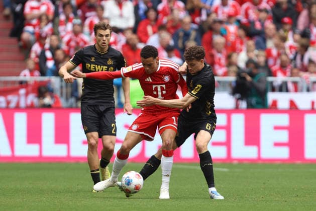 Jamal Musiala FC Bayern München and Eric Martel 1 FC Köln battle for the ball during the Bundesliga match between FC Bayern München and 1 FC Köln at Allianz Arena on May 16, 2026 in Munich, Germany Germany Photo by Oliver Kaelke DeFodi Images Jamal Musiala FC Bayern München und Eric Martel 1 FC Köln battle for the ball during the Bundesliga match between FC Bayern München and 1 FC Köln at Allianz Arena on May 16, 2026 in München, Germany Photo by Oliver Kaelke DeFodi Images DFL regulations prohibit any use of photographs as image sequences and or quasi video Photo by Oliver Kaelke DeFodi Images