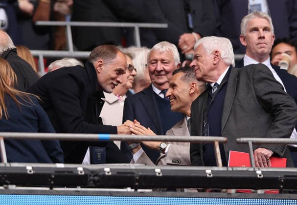 London, England, 16th May 2026. England manager Thomas Tuchel greets by Khaldoon Al Mubarak Manchester City owner during the Chelsea vs Manchester City FA Cup Final match at Wembley Stadium, London. Picture credit should read: David Klein Sportimage EDITORIAL USE ONLY. No use with unauthorised audio, video, data, fixture lists, club league logos or live services. Online in-match use limited to 120 images, no video emulation. No use in betting, games or single club league player publications. SPI_028_DK_Chelsea_Manchester_City SPI-4803-0031