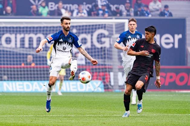 Leverkusen, Germany 16 May 2026 1 BL 2025 2026 Sp 34 Bayer 04 Leverkusen v Hamburger SV Pictured from left in duel Fabio Vieira HSV and Exequiel Palacios LEV DFL DFB regulations prohibit any use of photographs as image sequences and or quasi video BayArena Nordrhein Westfalen Copyright: xFotostandx xKruczynskix