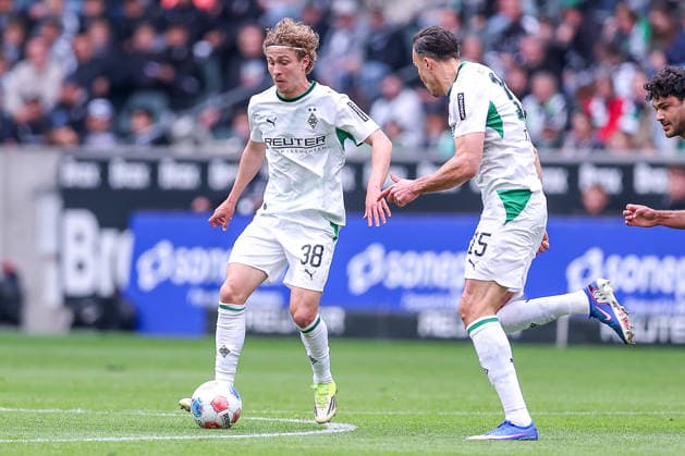 16 05 2026, Soccer, Borussia Mönchengladbach TSG 1899 Hoffenheim, 1 Soccer Bundesliga, 34 Matchday, Borussia Park, Season 2025 2026 Hugo Bolin Borussia Mönchengladbach 38 next to Haris Tabakovic Borussia Mönchengladbach 15 DFB regulations prohibit any use of photographs as image sequences and or quasi video Nordrhein Westfalen Germany