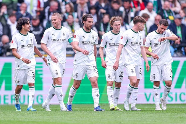 16 05 2026, Soccer, Borussia Mönchengladbach TSG 1899 Hoffenheim, 1 Soccer Bundesliga, 34 Matchday, Borussia Park, Season 2025 2026 Goal celebration after the goal to 2 0 by scorer Haris Tabakovic Borussia Mönchengladbach 15 together with DFB regulations prohibit any use of photographs as image sequences and or quasi video Nordrhein Westfalen Germany