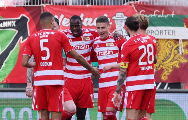 Andrej Ilic celebrates after scoring 2 0 with Danilho Doekhi, Ilyas Ansah, Christopher Trimmel Joy Emotion Cheering Sport Football Soccer Bundesliga Men DFL 34 Matchday Season 2025 2026 16 05 2026 1 FC Union Berlin FCU vs FC Augsburg FCA DFL regulations prohibit any use of photographs as image sequences and or quasi video