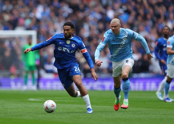 RECORD DATE NOT STATED 16th May 2026; Wembley Stadium, London, England; FA Cup Final Football, Chelsea versus Manchester City; Reece James of Chelsea under pressure from Erling Haaland of Manchester City JPxFletcher