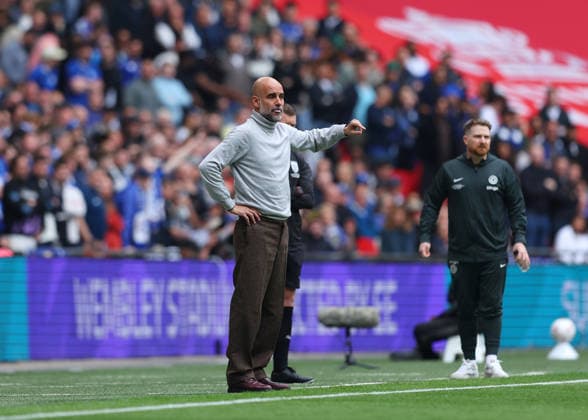 RECORD DATE NOT STATED 16th May 2026; Wembley Stadium, London, England; FA Cup Final Football, Chelsea versus Manchester City; Manchester City manager Pep Guardiola observing his players from the touchline JPxFletcher