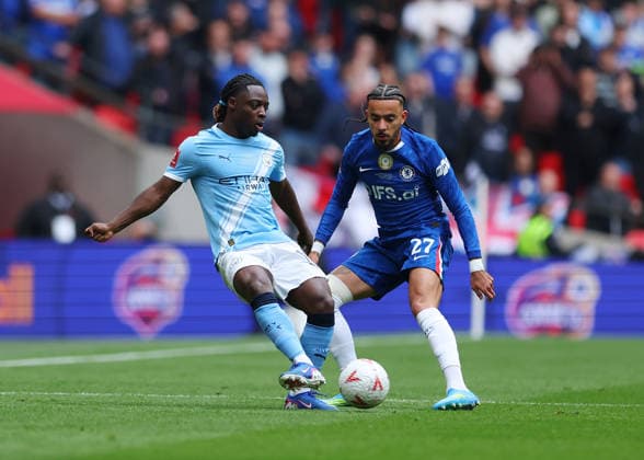 RECORD DATE NOT STATED 16th May 2026; Wembley Stadium, London, England; FA Cup Final Football, Chelsea versus Manchester City; Jeremy Doku of Manchester City under pressure from Malo Gusto of Chelsea JPxFletcher