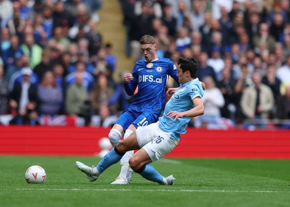 RECORD DATE NOT STATED 16th May 2026; Wembley Stadium, London, England; FA Cup Final Football, Chelsea versus Manchester City; Cole Palmer of Chelsea challenged by Abdukodir Khusanov of Manchester City JPxFletcher
