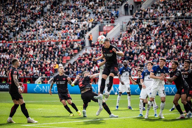 LEVERKUSEN, GERMANY - MAY 16, 2026 : Patrik Schick (Bayer 04 Leverkusen, 14) heads after a corner during the German Bundesliga match on gameday 34 between Bayer 04 Leverkusen vs. Hamburger SV at BayArena on May 16, 2026 in Leverkusen, Germany. DFL REGULATIONS PROHIBIT ANY USE OF PHOTOGRAPHS AS IMAGE SEQUENCES AND OR QUASI-VIDEO. Northrhine-Westphalia Germany Copyright: xAxelxKohringx
