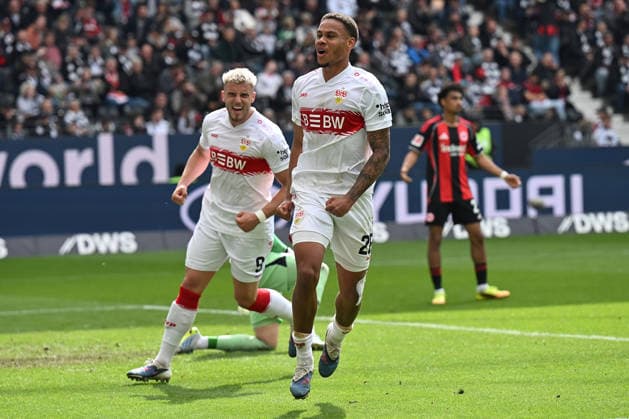 Soccer 1 Bundesliga 34 Matchday Eintracht Frankfurt VfB Stuttgart on 16 05 2026 at Deutsche Bank Park in Frankfurt Goal celebration to 0 2 by Nikolas Nartey Stuttgart DFL regulations prohibit any use of photographs as image sequences and or quasi video xJKx