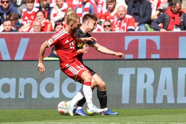 Konrad Laimer FC Bayern München and Kristoffer Lund 1 FC Köln battle for the ball during the Bundesliga match between FC Bayern München and 1 FC Köln at Allianz Arena on May 16, 2026 in Munich, Germany Germany Photo by Oliver Kaelke DeFodi Images Konrad Laimer FC Bayern München und Kristoffer Lund 1 FC Köln battle for the ball during the Bundesliga match between FC Bayern München and 1 FC Köln at Allianz Arena on May 16, 2026 in München, Germany Photo by Oliver Kaelke DeFodi Images DFL regulations prohibit any use of photographs as image sequences and or quasi video Photo by Oliver Kaelke DeFodi Images